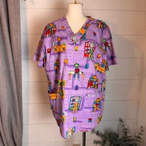Women’s Cherokee Nurses Station Medical Scrub Top cartoon characters School M